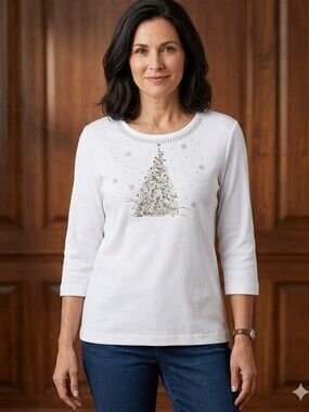 Distinct Beaded Christmas Tree Blouse Sz M